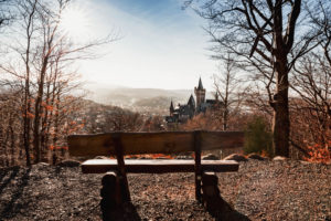 Wernigerode from above with castle and view to the Brocken, Saxony-Anhalt, Germany Wernigerode from above with castle and view to the Brocken, Saxony-Anhalt, Germany